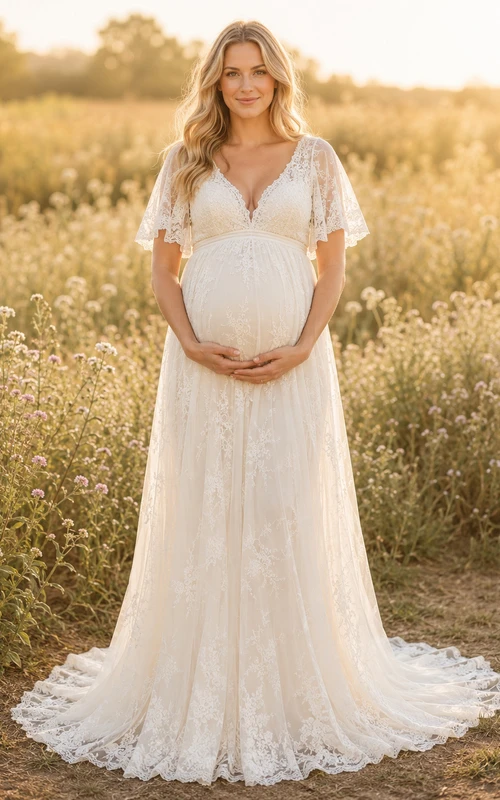 Maternity Wedding Dress V Neck Flutter Sleeve Lace A-Line Country Gown with Sweep Train