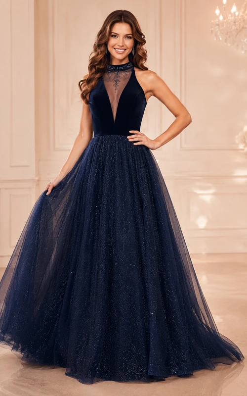 Dark Navy Halter Tulle Ball Gown with Illusion Bodice and Full Skirt