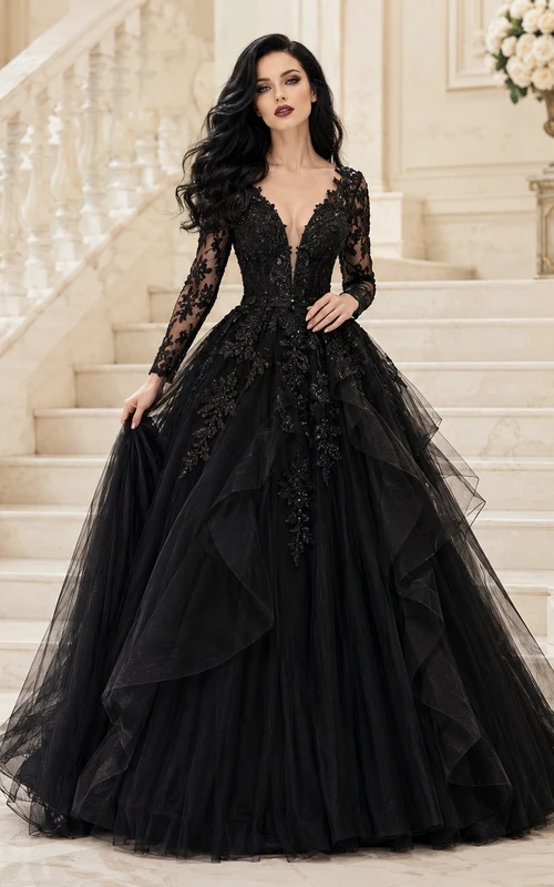 Black V-Neck Long Sleeve Lace Tulle Ball Gown Floor-Length Prom Dress