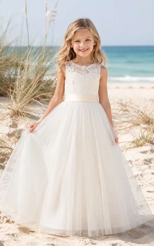 Vestido de niña de las flores de corte A para verano, ideal para ceremonias en la playa, con corpiño de encaje sin mangas, falda vaporosa de tul y dobladillo hasta el suelo.