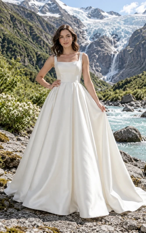 Schlichtes Brautkleid aus Satin mit quadratischem Ausschnitt, Schleifenträgern und A-Linien-Profil