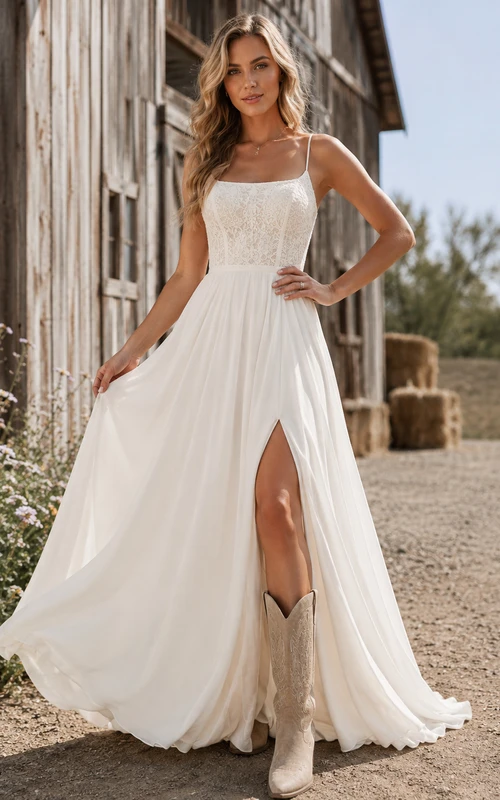Simple Square Neck Chiffon Wedding Dress with Straps and Sweep Train Elegant A-Line Sleeveless