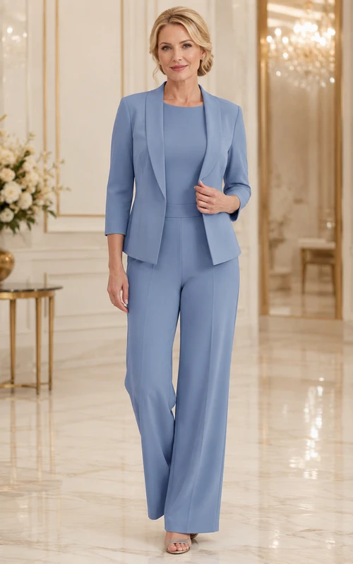 Steel Blue Mother Pantsuit with Tailored Three Quarter Sleeve Jacket and Wide Leg Pants