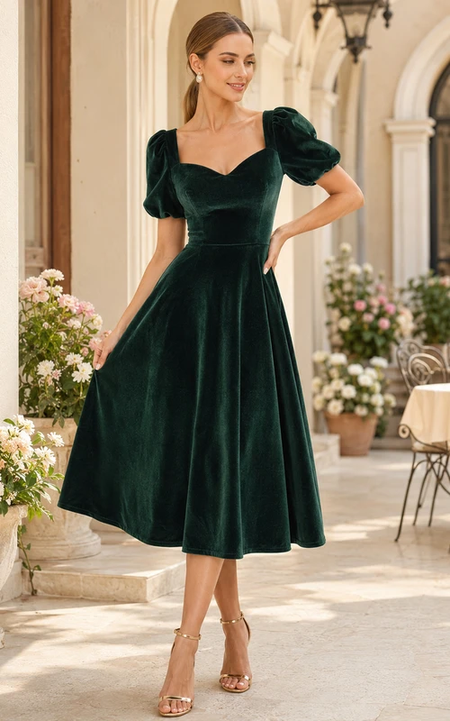 Vestido midi de terciopelo verde oscuro con escote corazón y mangas abullonadas, corte en A, ideal para invitadas.