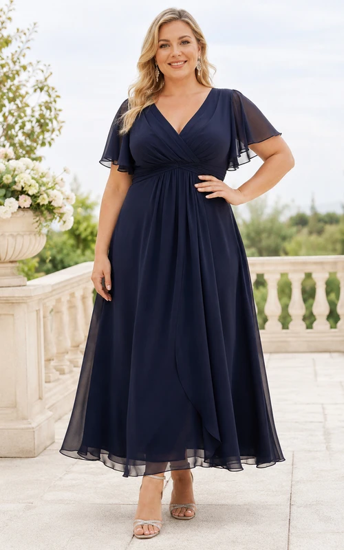 Vestido de fiesta de gasa azul marino oscuro con escote en V, mangas con volantes y corte imperio hasta el tobillo, talla grande.
