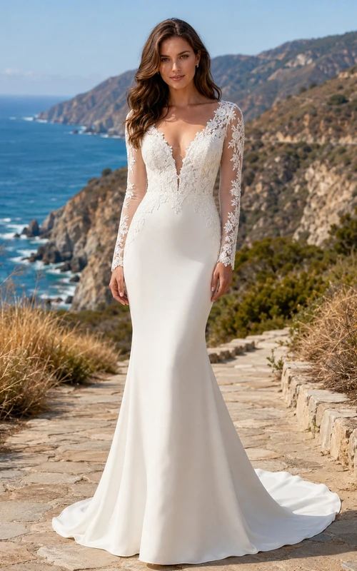 Robe de mariée sirène en crêpe de dentelle à manches longues, style falaise