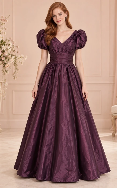 Vestido largo de dama de honor de tafetán fruncido con escote en V y mangas abullonadas, color ciruela vintage