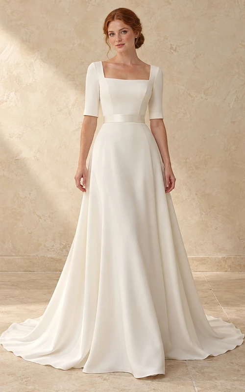 Simple Square Neck Half Sleeve A-Line Bridal Wedding Dress
