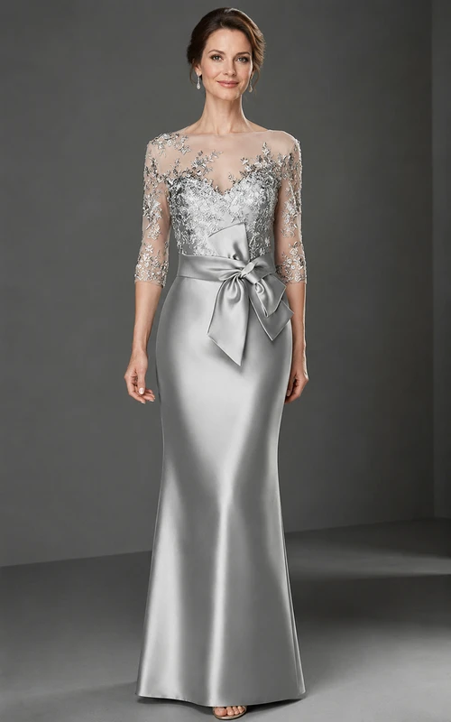 Vestido de satén plateado para la madre de la novia, vestido largo hasta el suelo con escote barco, encaje y lazo(s).