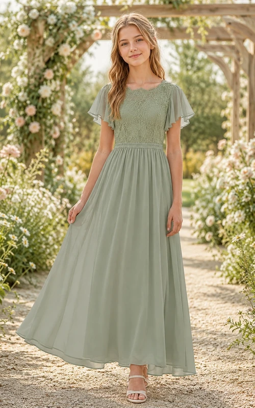 Mintgrünes Brautjungfernkleid im A-Linien-Stil mit kurzen, juwelenbesetzten Ärmeln und Spitzendetails im Boho-Stil