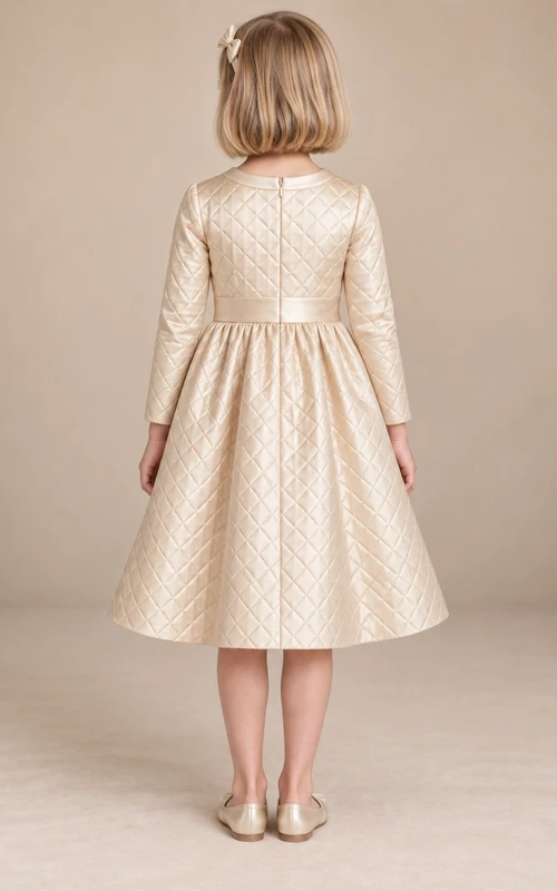 Schlichtes, dezentes, langärmeliges, champagnerfarbenes, wadenlanges, gestepptes Satin-Blumenmädchenkleid mit schmalem Bund und schmalen Ärmeln