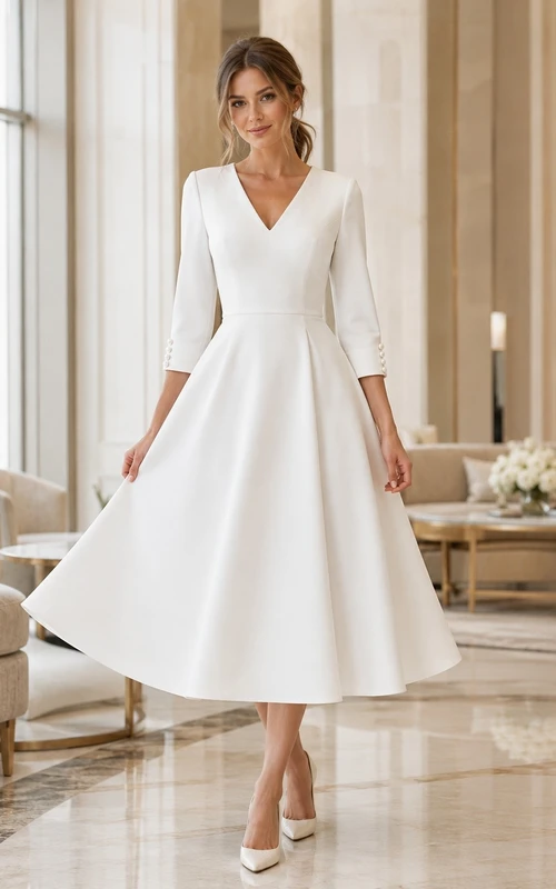 Teelanges, schlichtes, dezentes elfenbeinfarbenes Gästekleid mit V-Ausschnitt und Dreiviertelärmeln