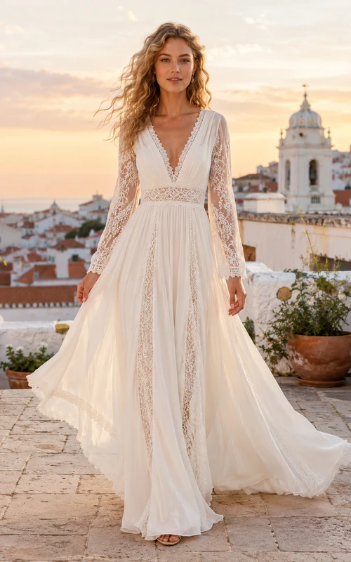 Robe de mariée bohème en mousseline de soie à col en V profond et manches longues, coupe trapèze, style bohème, décolleté en V profond, dentelle et dentelle.