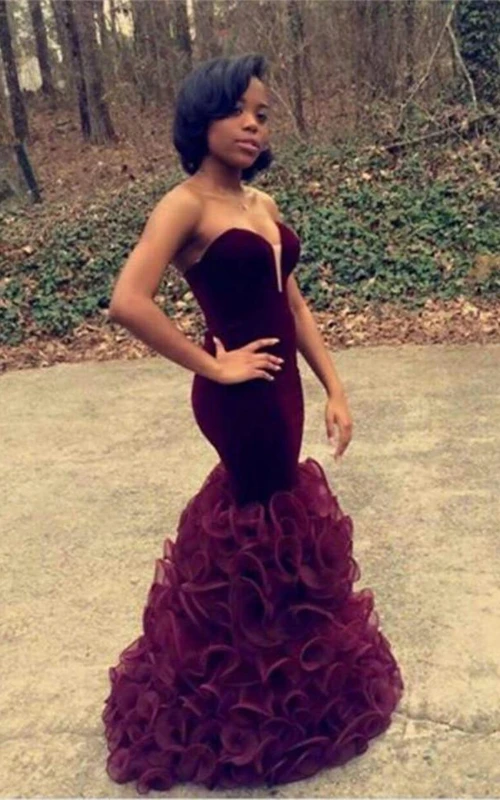 Atemberaubendes bordeauxrotes Meerjungfrauen-Abendkleid aus Organza, bodenlang, mit Herzausschnitt