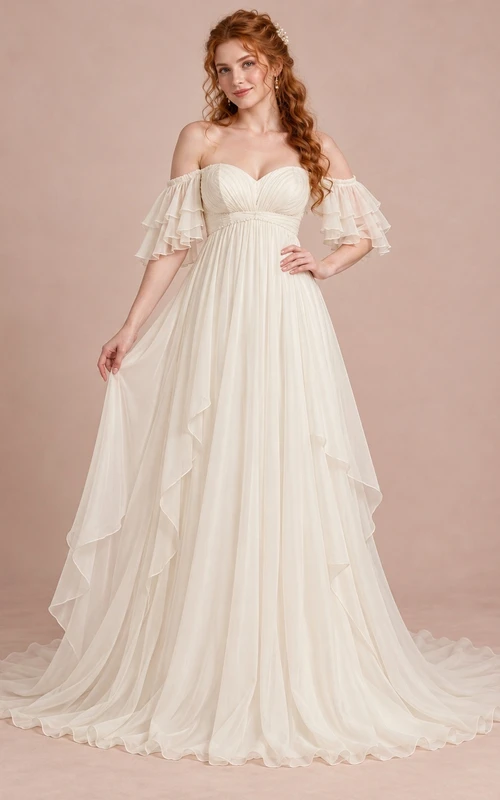 Vestido de novia largo estilo imperio con escote corazón, mangas superpuestas, gasa fruncida y caída en cascada.