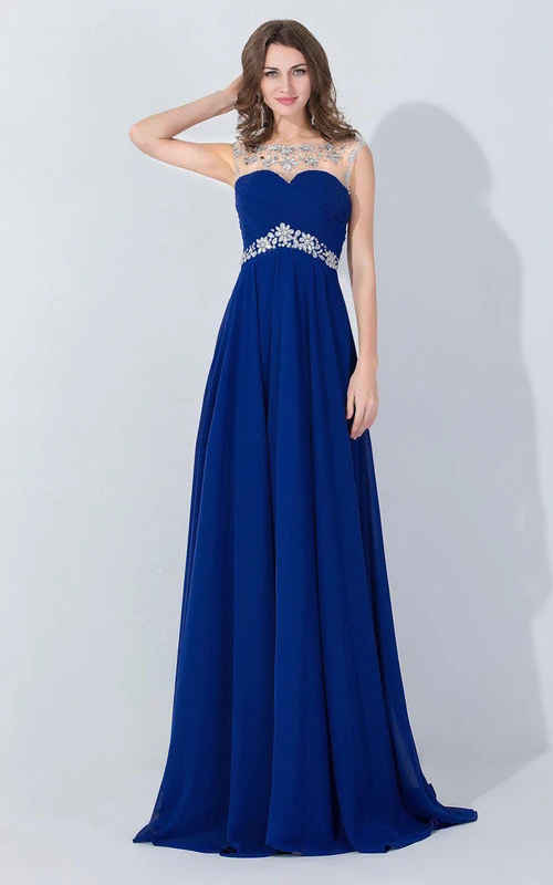 Langes Chiffonkleid in A-Linie mit Perlenverzierung