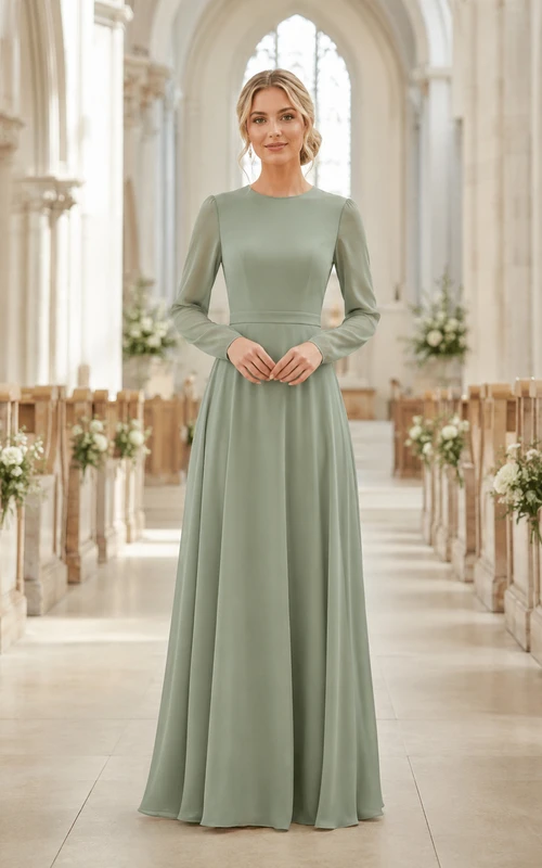 Sage green modest long sleeve chiffon floor length bridesmaid dress