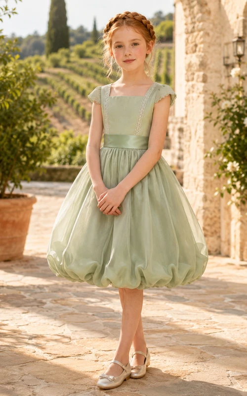 Sage Bubble Hem A-Line Satin Flower Girl Dress, Sleeveless Square Neck, Pleated Tea-Length Country Garden