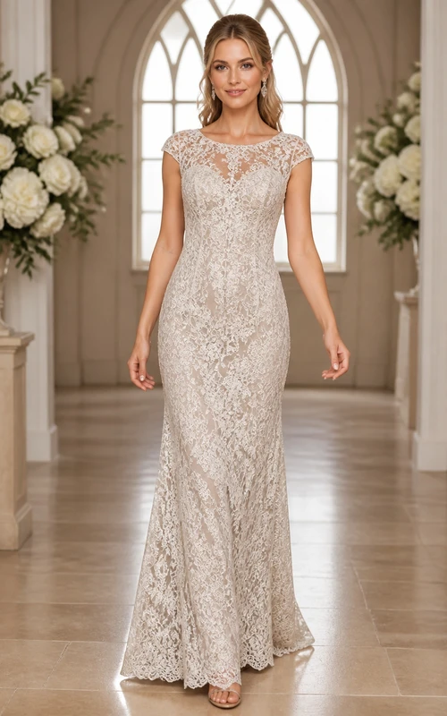 Vestido de novia modesto de corte recto con cuello alto y encaje hasta el suelo