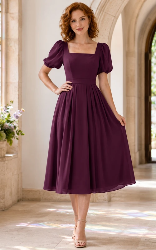 Plum Square Neck Puff Sleeve Chiffon Chapel Guest Dress