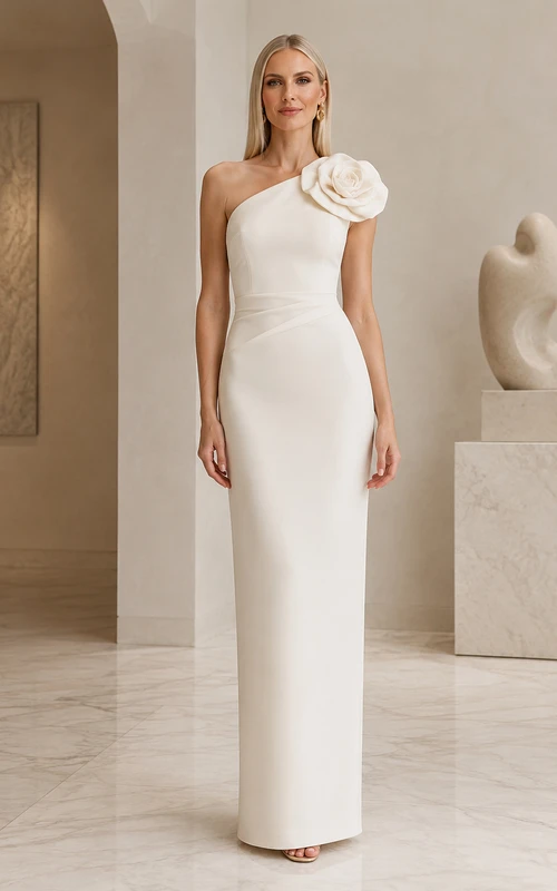 Abendkleid aus weißem Satin, Etuikleid, One-Shoulder, kurze Ärmel, bodenlang