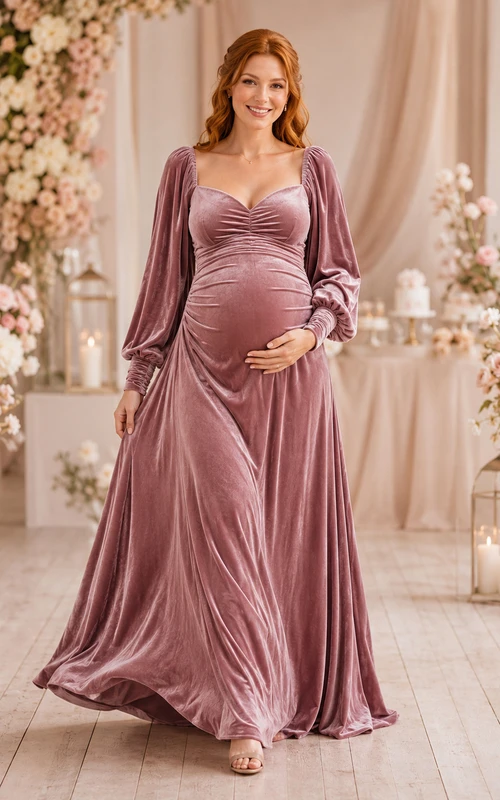Robe d'hiver vintage de maternité mauve à manches bouffantes, décolleté cœur, en velours, coupe trapèze et traîne