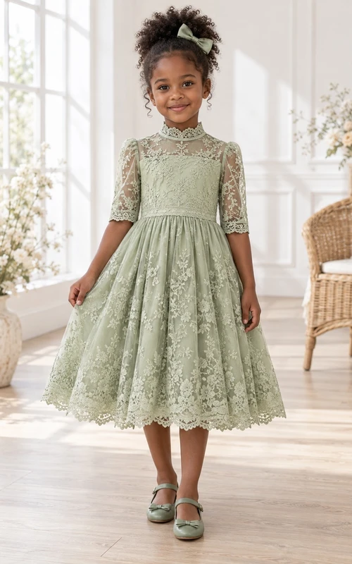 Vestido de niña de flores de corte A, largo hasta la rodilla, cuello alto, estampado floral verde salvia, encaje, mangas hasta el codo y borde festoneado.