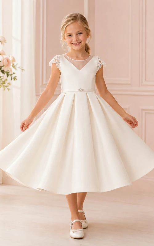 Elfenbeinfarbenes, plissiertes Satin-Kommunionskleid mit V-Ausschnitt, kurzen Ärmeln und Teelänge, Spitzenbesatz, Satinplissierungen, Blumenmädchenkleid