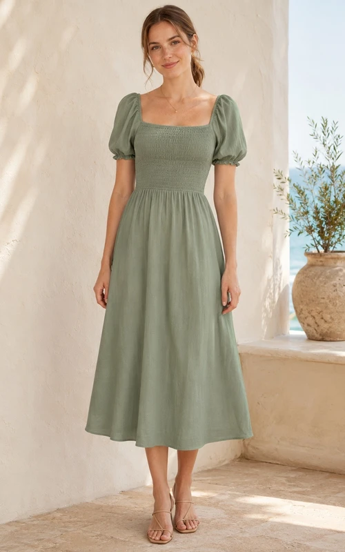 Dusty Green Chiffon Square Neck Short Sleeve A-line Midi Dress