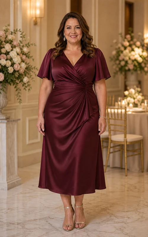 Robe mi-longue bordeaux en satin à col en V, grande taille