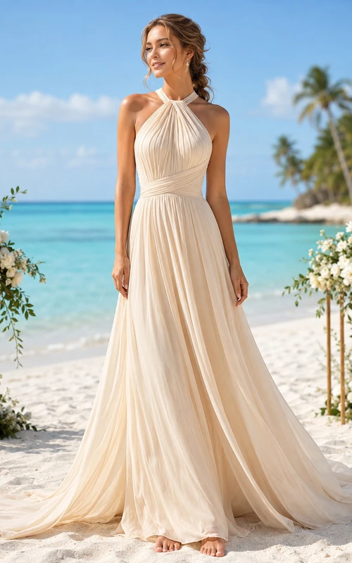Champagne Beach Halter Chiffon A-Line Ocean Ceremony Dress