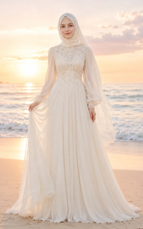 Beach Muslim Long Sleeve Lace Bodice Chiffon Wedding Dress