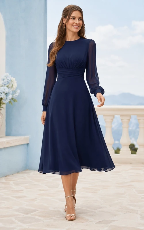 Navy Chiffon V-Neck Long Sleeve A-Line Floor-length Romantic Dress