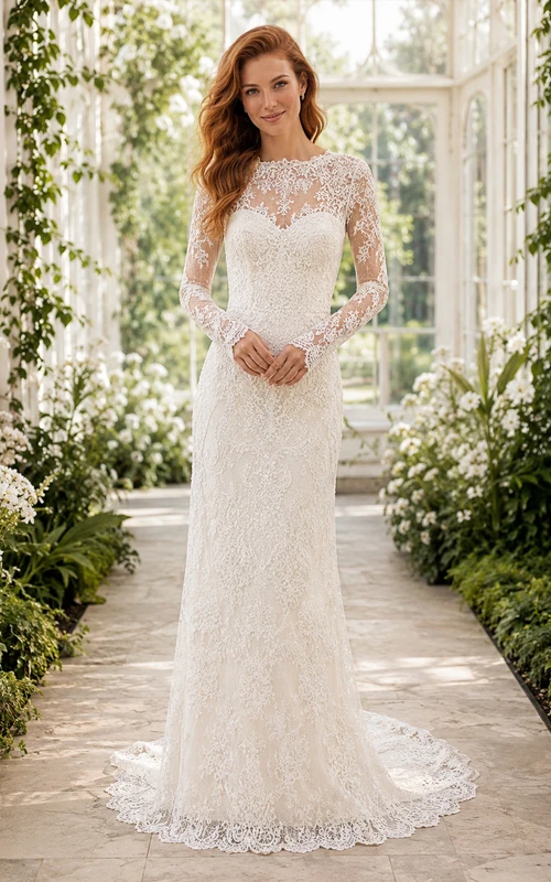 Robe de mariée sirène en dentelle polie, col montant illusion, manches longues transparentes, traîne chapelle, applications florales, style pavillon