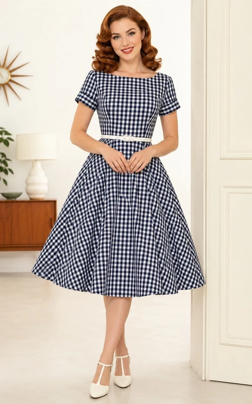 Vintage Gingham Square-Neck Short-Sleeve A-Line Tea-Length Occasion Dress