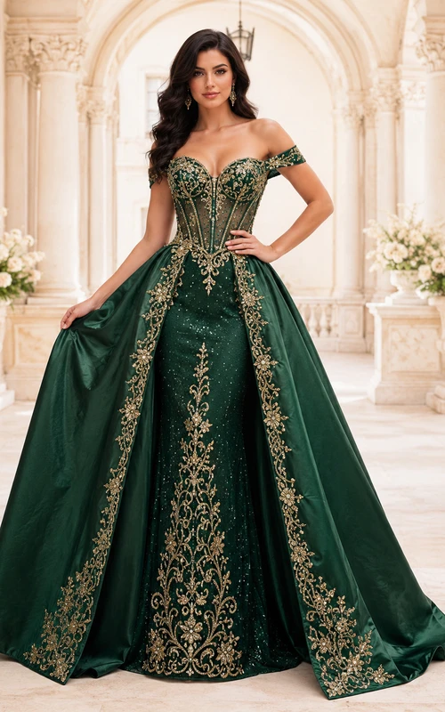 Vestido de baile de princesa de quinceañera de satén verde oscuro con hombros descubiertos, bordado dorado y extraíble, ideal para bailar.