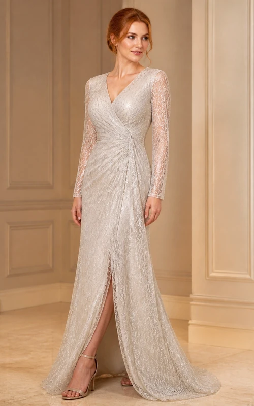 Vestido de noche formal modesto plateado con escote en V cruzado, manga larga y abertura
