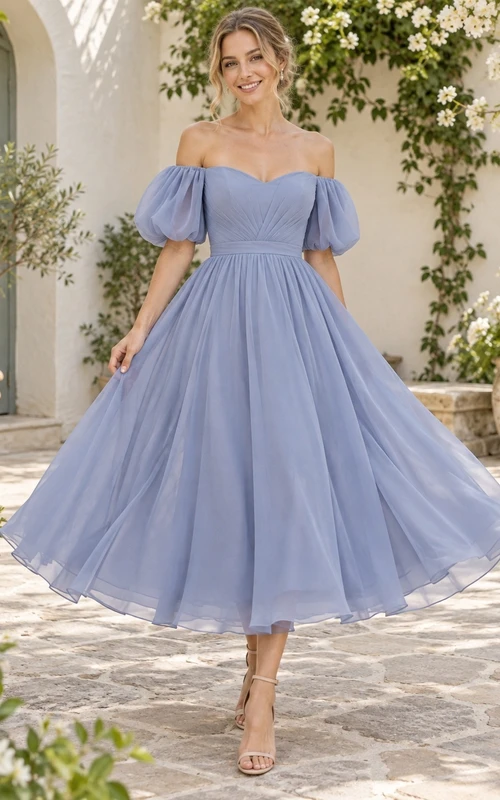 Vestido de dama de honor de gasa color bígaro hasta la rodilla con hombros descubiertos, mangas abullonadas y escote corazón.