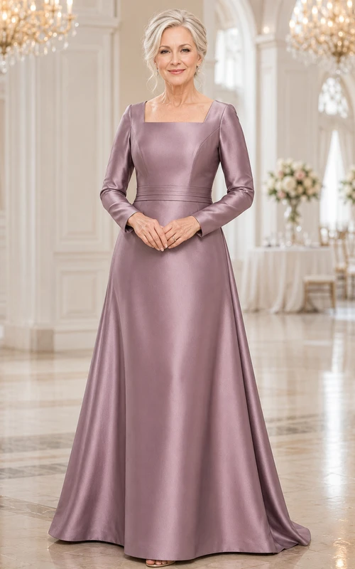Mauvefarbenes A-Linien-Kleid aus Satin mit langen Ärmeln