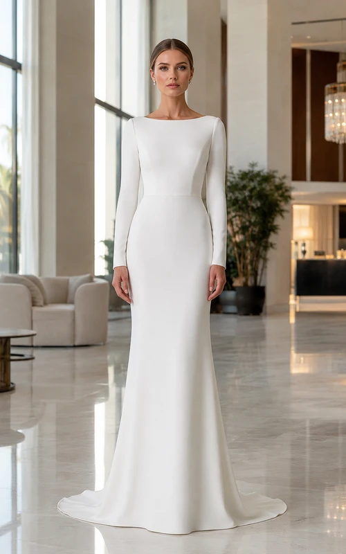 Robe de mariée minimaliste en satin, fourreau, col bateau, manches longues, traîne.