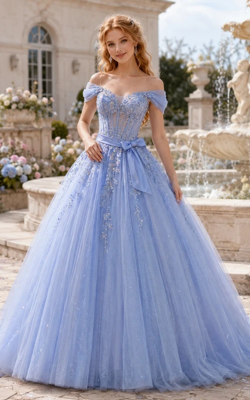 Sky Blue Tulle Off-the-Shoulder Sash Ball Gown Floor-Length Romantic Prom Dress