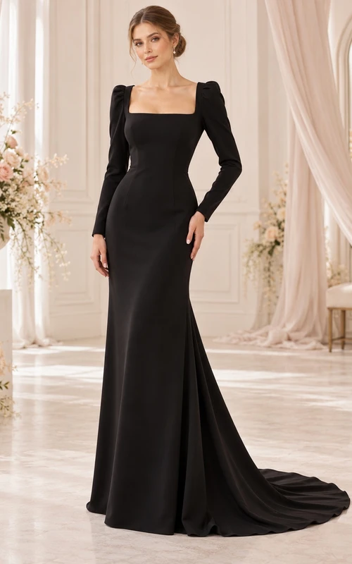 Black Simple Square Neck Long Sleeve Mermaid Bridal Wedding Dress