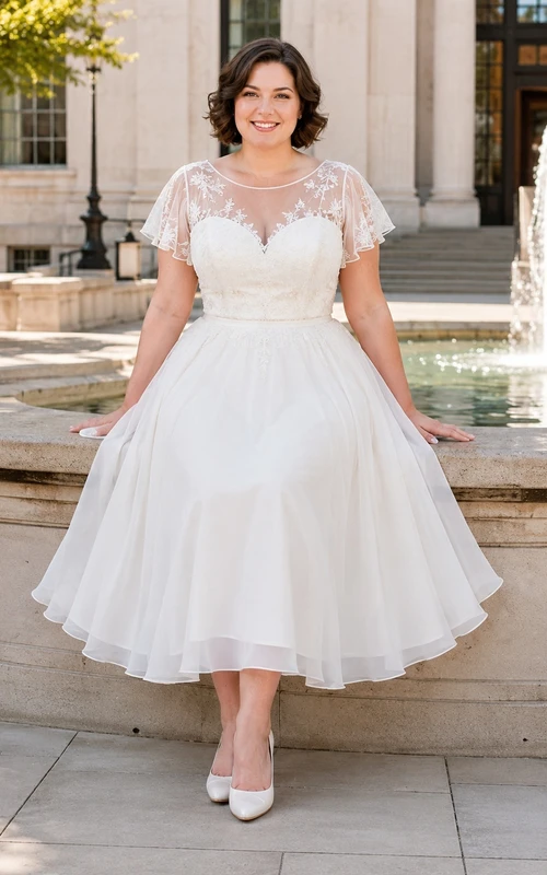 Romantisches Hochzeitskleid in Übergröße: Teelänge, Illusion-Spitze, kurze Ärmel, A-Linie, Tüll