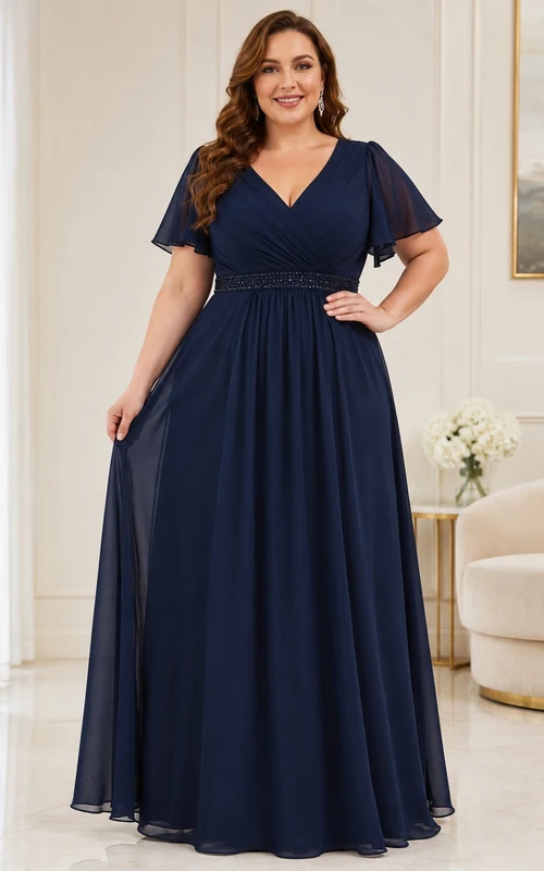 Dark Navy Chiffon V-neck Short Sleeve Floor-length A-Line Plus Size Formal Dress