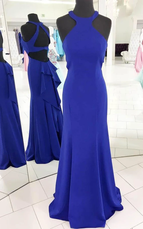 Meerjungfrauen-Trompeten-Etui-Kleid aus Satin, ärmellos, mit Neckholder und Reißverschluss sowie Schlüssellochausschnitt