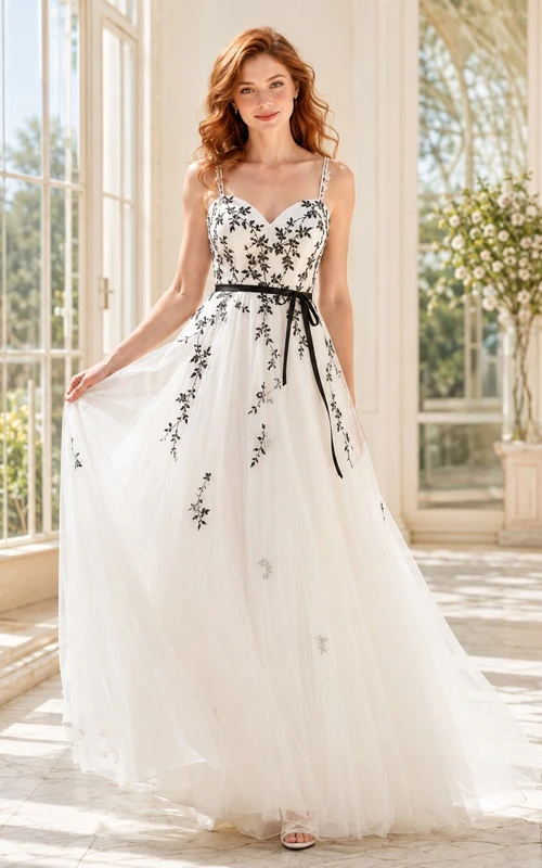 Schwarzes, bodenlanges Brautkleid aus Tüll mit floralen Applikationen, herzförmigem Ausschnitt, Spaghettiträgern und A-Linien-Schnitt