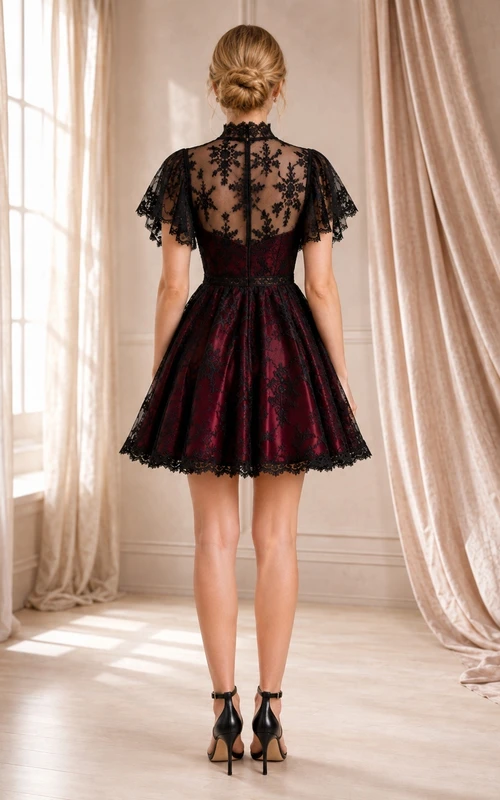 Robe de cocktail sexy en dentelle noire à carreaux carrés et coupe trapèze, ornée de fleurs.