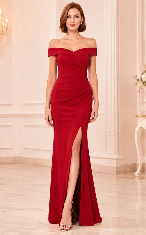 Rotes schulterfreies Meerjungfrauenkleid aus Crêpe mit Schlitz