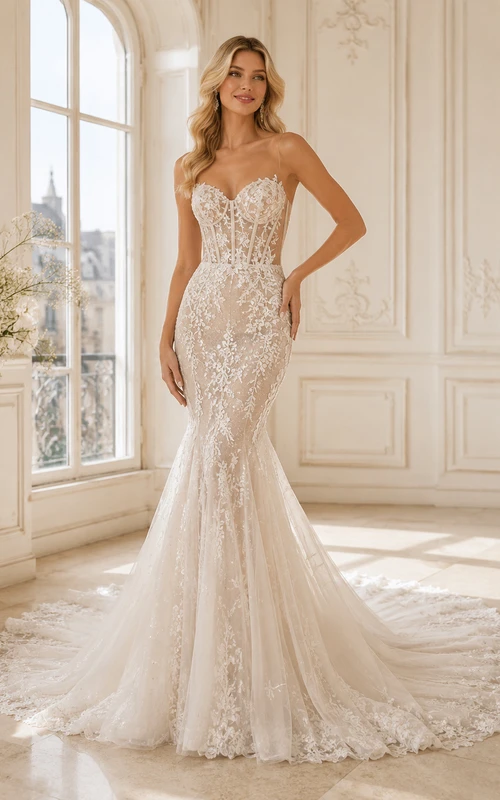 Trägerloses Brautkleid im Meerjungfrauenstil mit Herzausschnitt, floraler Spitze und luxuriöser Kapellenschleppe