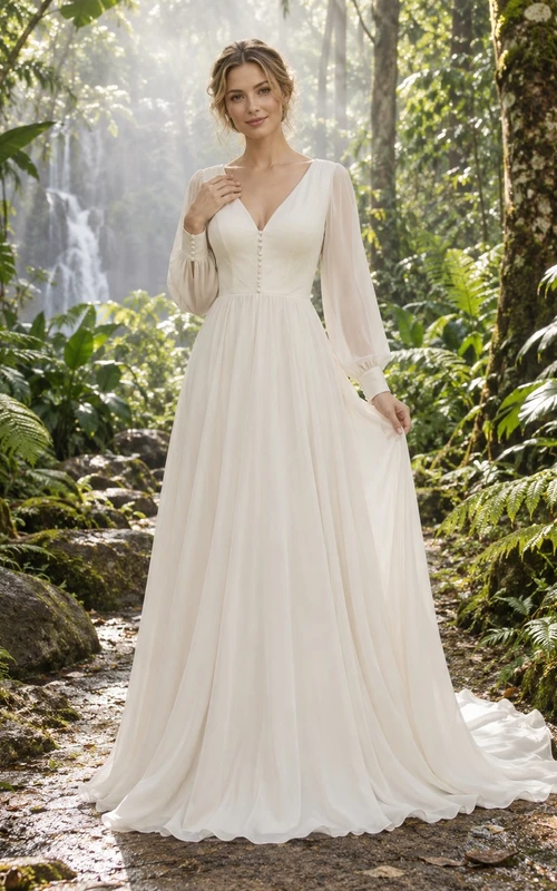 Chiffon-Brautkleid mit V-Ausschnitt, langen Ärmeln, geknöpftem Oberteil und A-Linien-Schleppe
